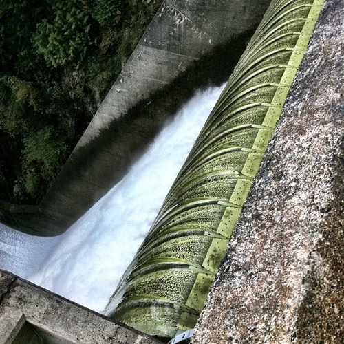 On the edge. The green water turns white as it plunges 300 feet to the Capilano River.