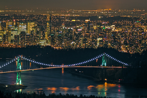 The Lions gate bridge all lit up.