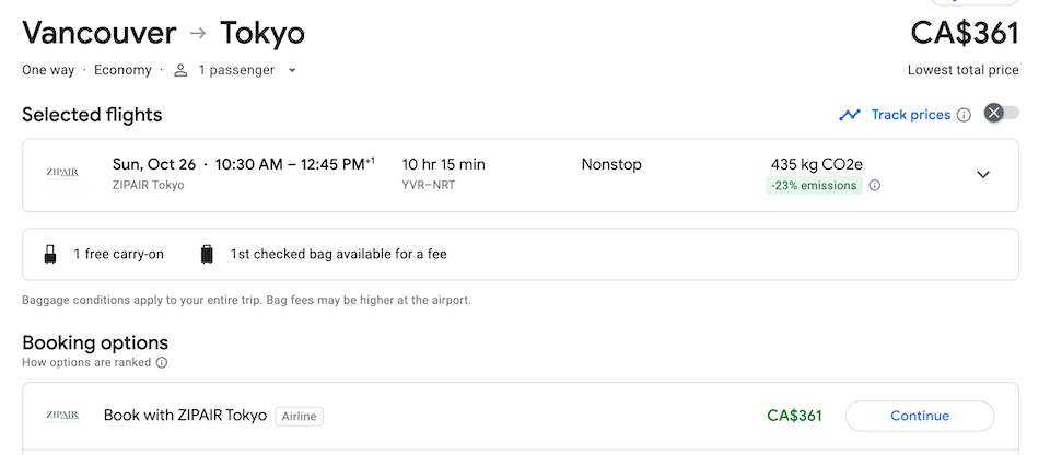 Starting on Oct. 21 and continuing through Feb. 28, prices for one-way flights drop to as low as $361 booked directly through Zipair.