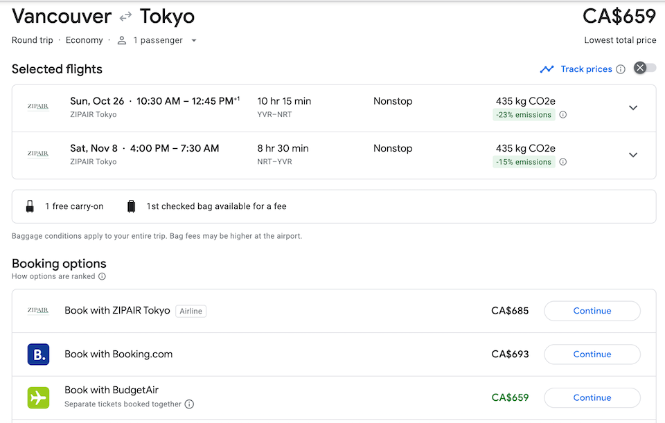 A flight departing Vancouver on Sunday, Oct. 26, and returning from Tokyo on Saturday, Nov. 8, costs $659 booked directly through third-party supplier BudgetAir. 